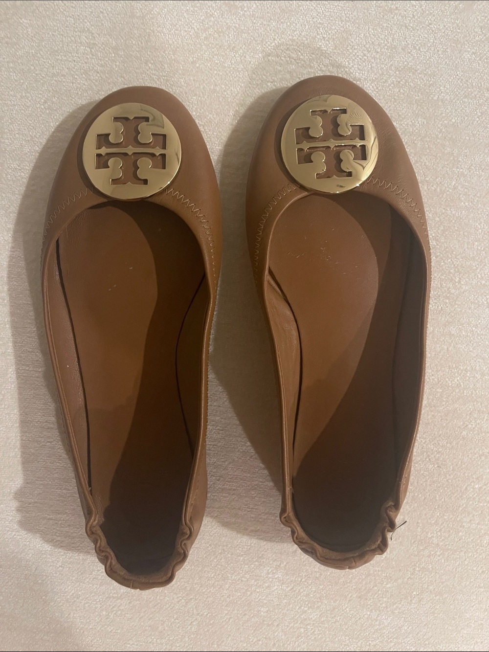 Tory Burch Classic Ballet Flats Brown Leather Gold Logo Size 8.5
